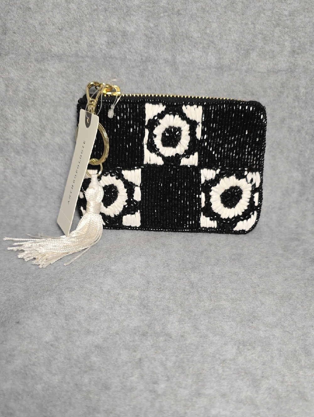 Anthropologie Black and Ivory Beaded Coin Pouch with Tassel
